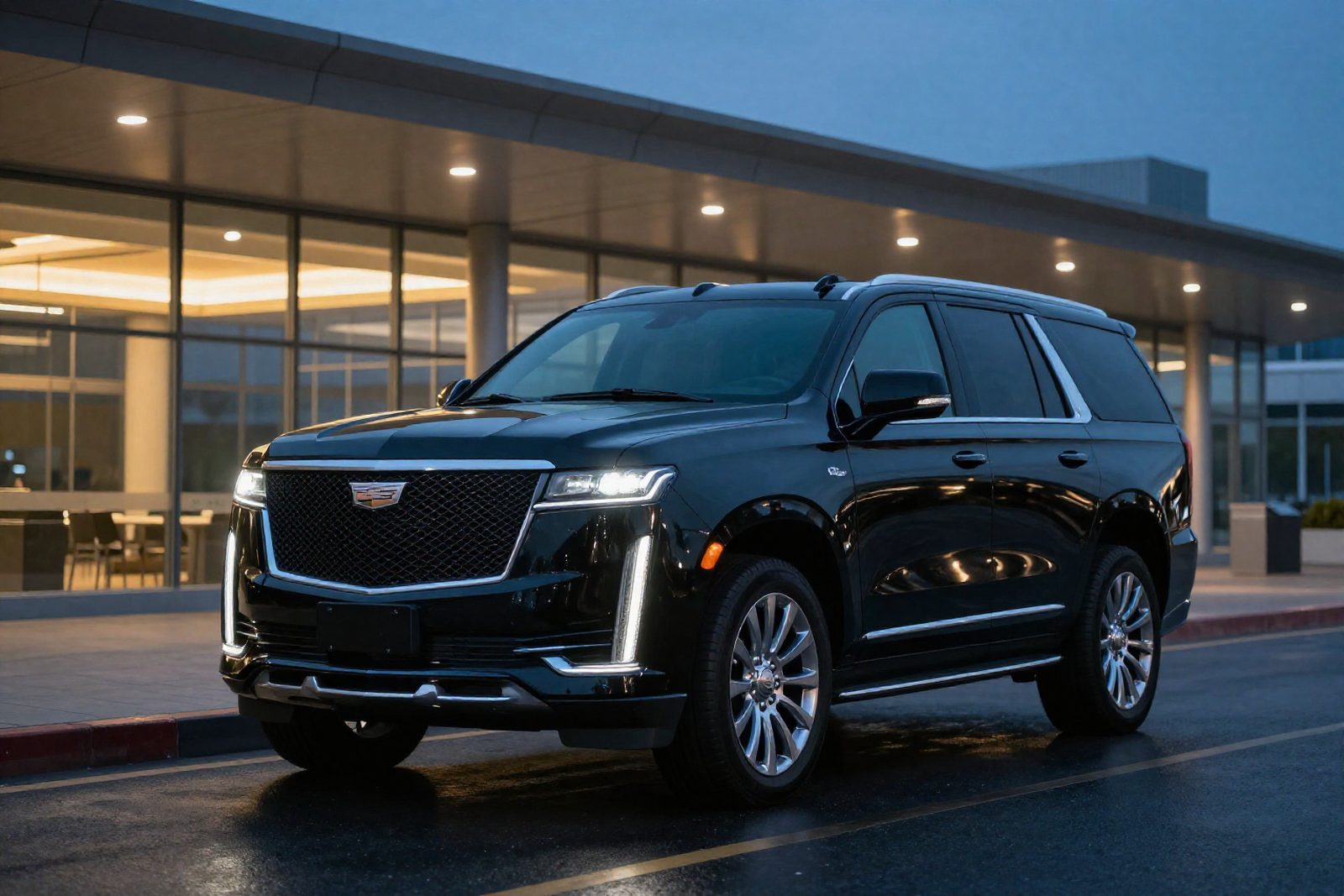Black Cadillac Escalade outside a glass airport terminal at dusk