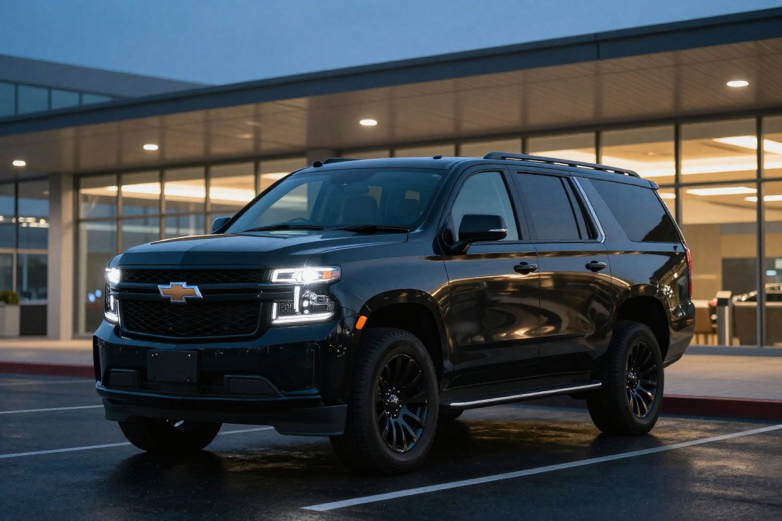 Black Chevrolet Suburban outside a glass airport terminal at dusk