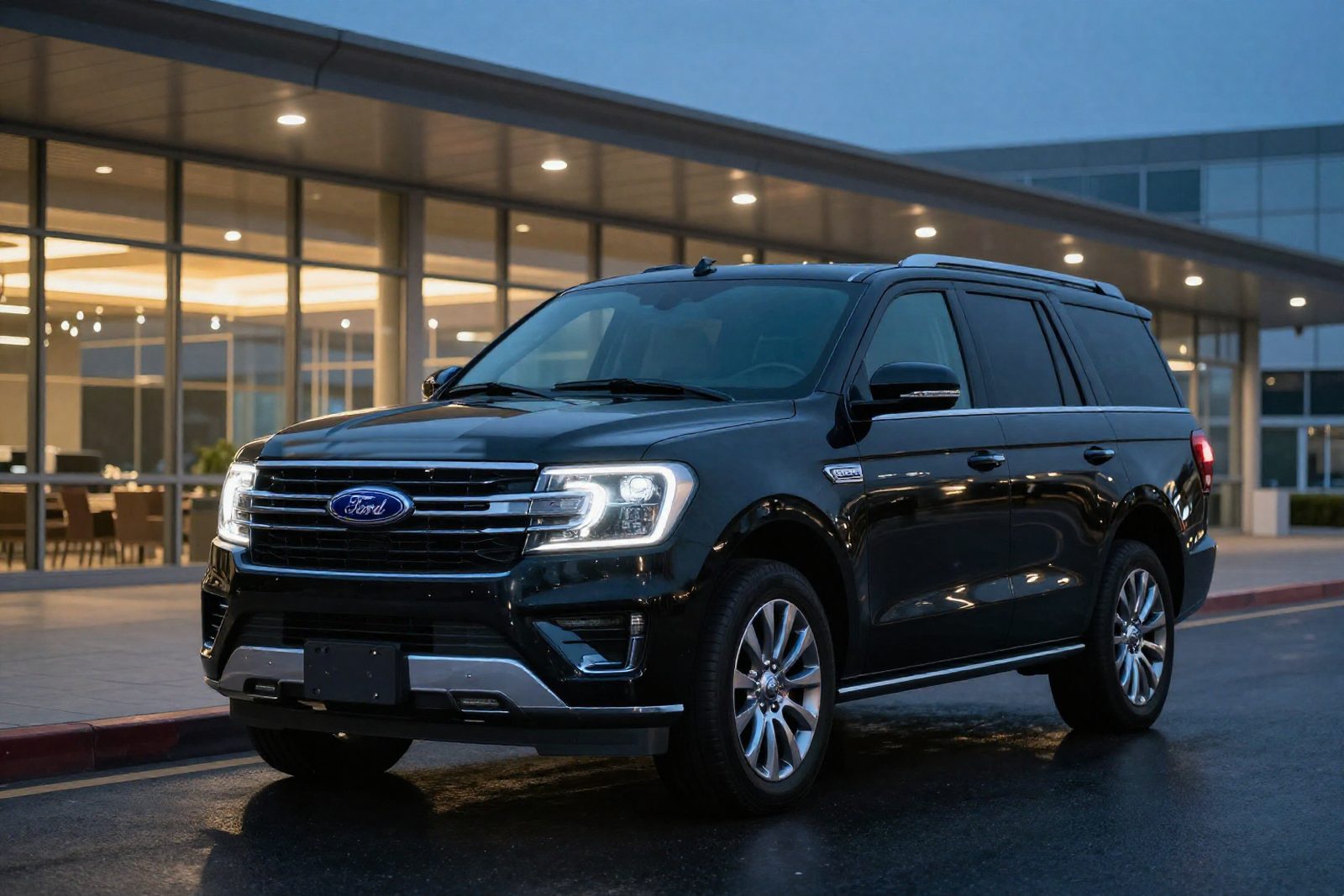 Black Ford Expedition outside a glass airport terminal at dusk