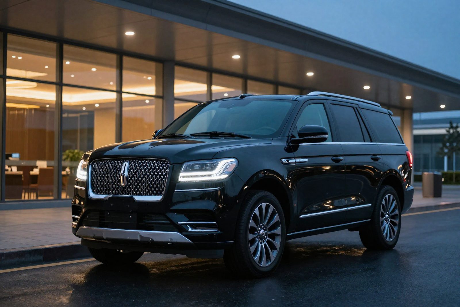 Black Lincoln Navigator outside a glass airport terminal at dusk