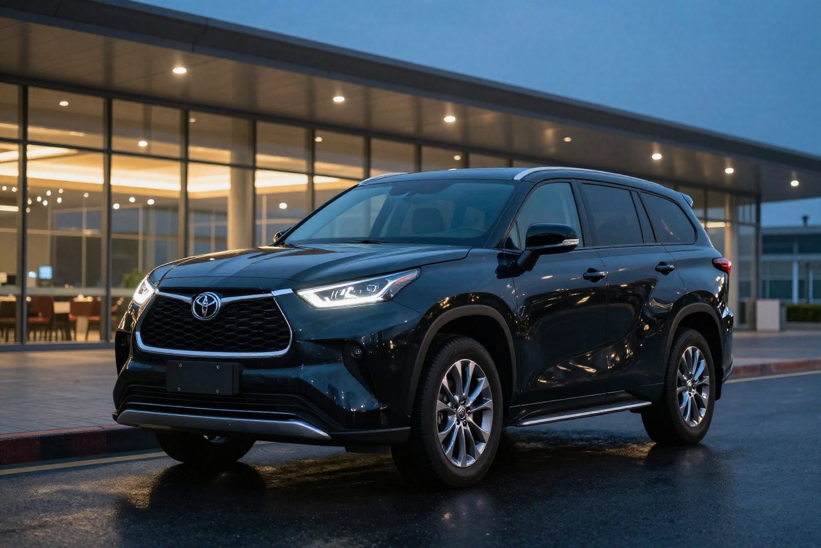 Black Toyota Highlander Hybrid outside a glass airport terminal at dusk