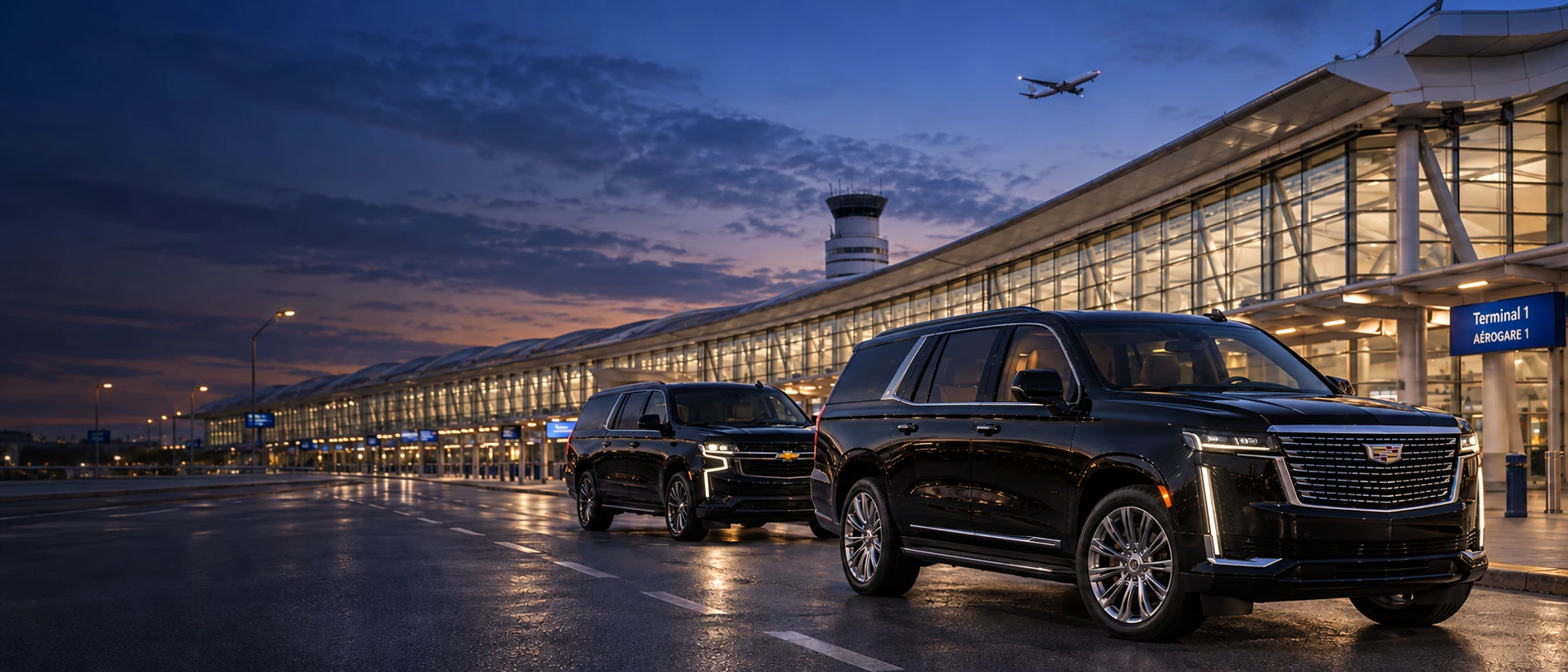 Illustration of two black luxury SUVs outside Toronto Pearson Terminal 1, with an aircraft overhead at dusk.